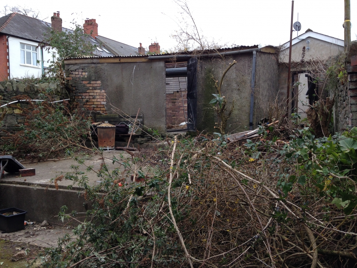Before: derelict garage and overgrown rubble at Albany Road
